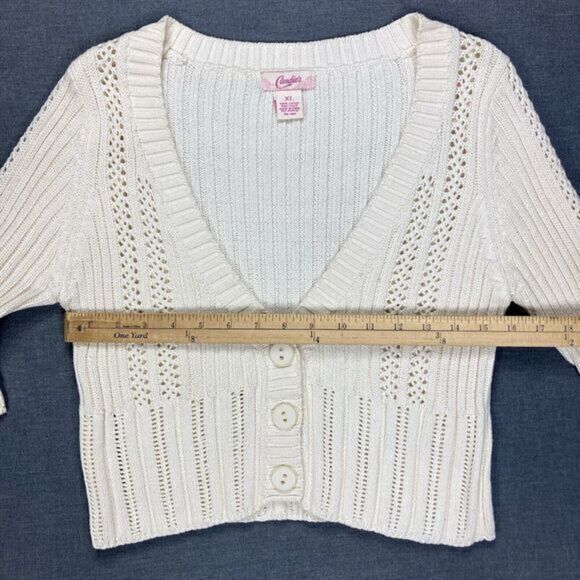 Candies V- Neck Cardigan Womens S Girls XL Ivory Knit Casual Minimalist Sweater - Picture 9 of 15